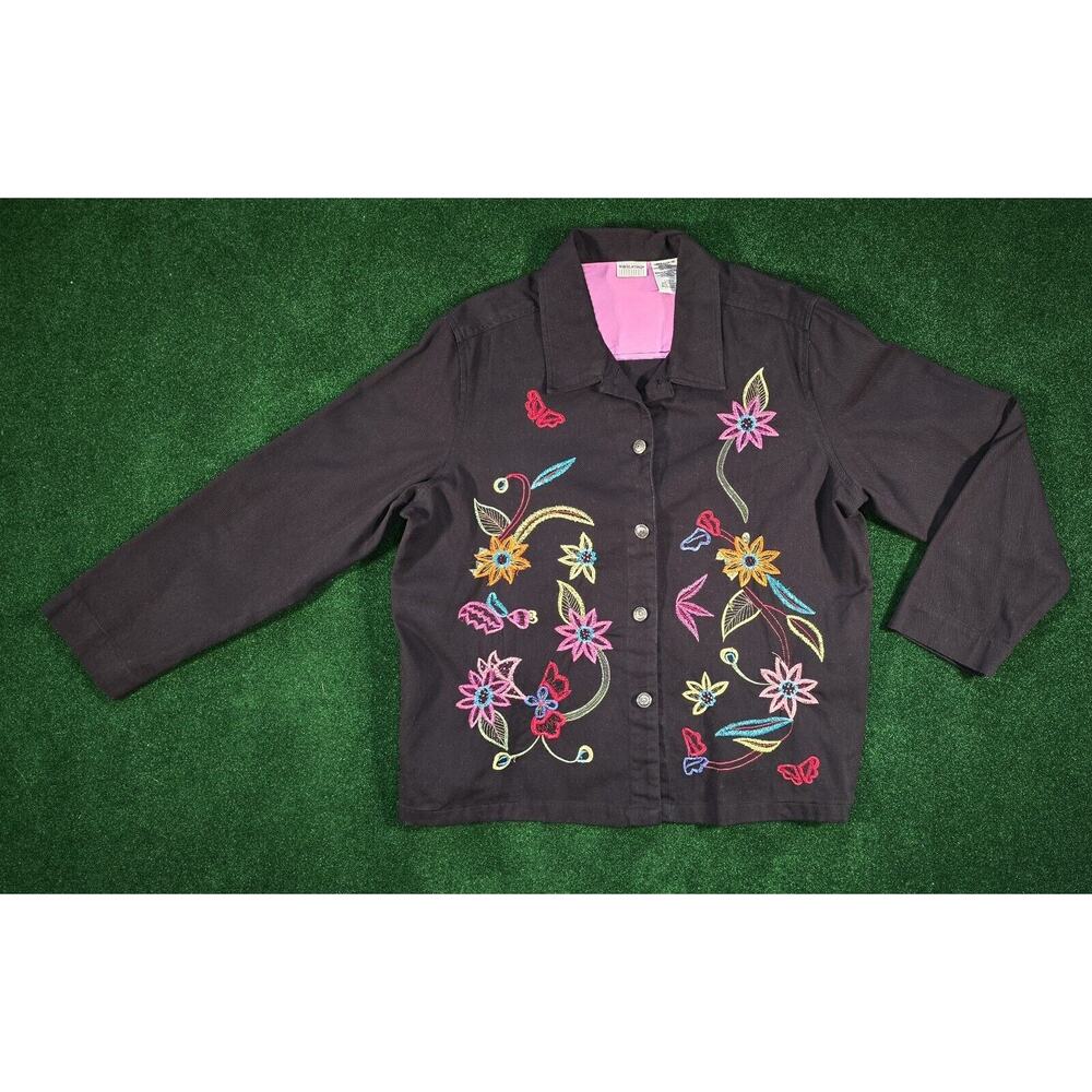VTG White Stag Black Denim Jacket XL Bright Embroidery Floral Butterflies Cotton